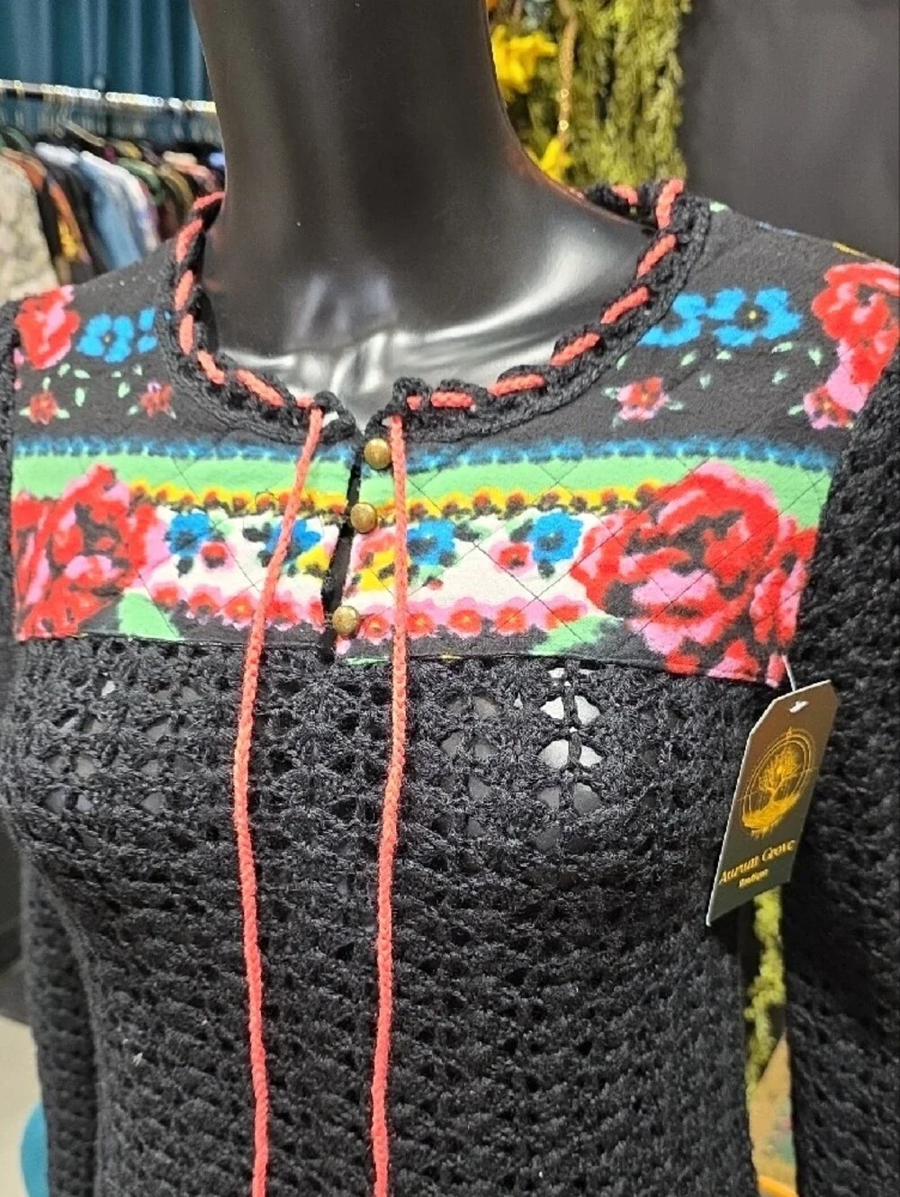 Rare! Free People Black Crochet Tunic with Red & Green Floral Yoke